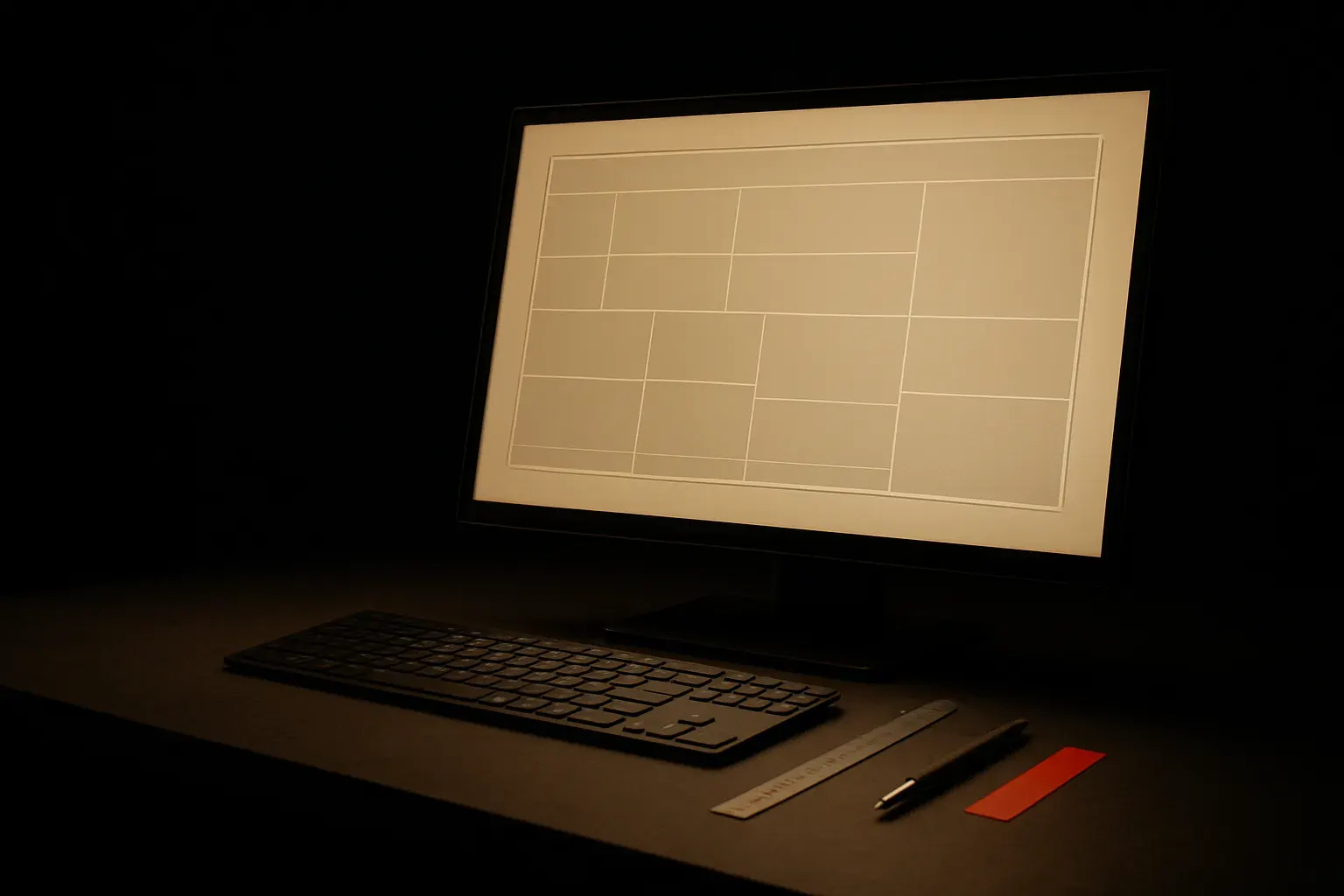 A monitor on a dark desk displaying an abstract ruled-grid layout, beside a keyboard, ruler, pen and a red swatch.