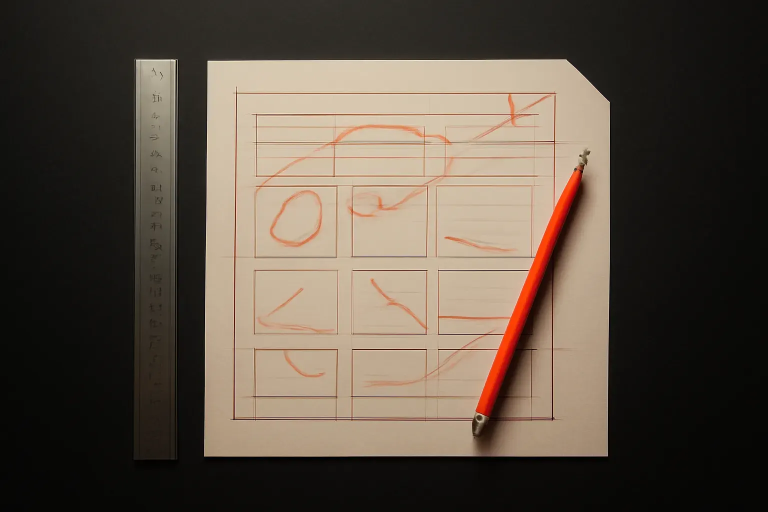 A hand-sketched grid layout on paper in orange pencil, beside a metal ruler and pencil.