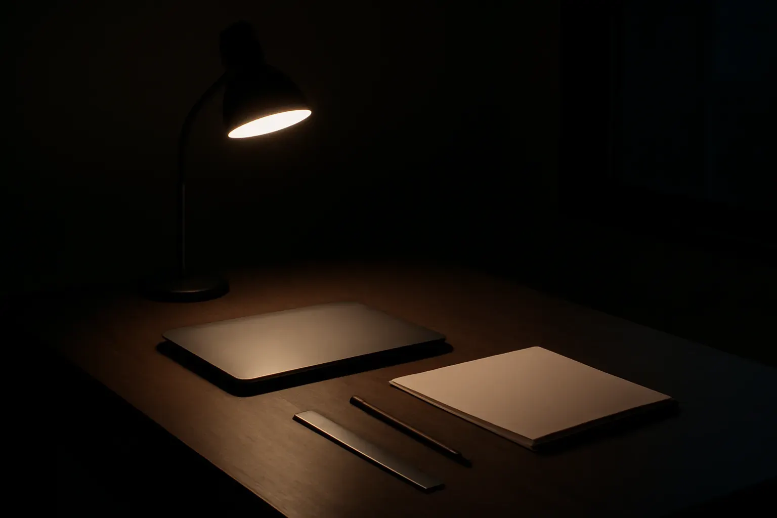 The studio's own desk in Buxtehude — a lit desk lamp, a tablet and a notebook.