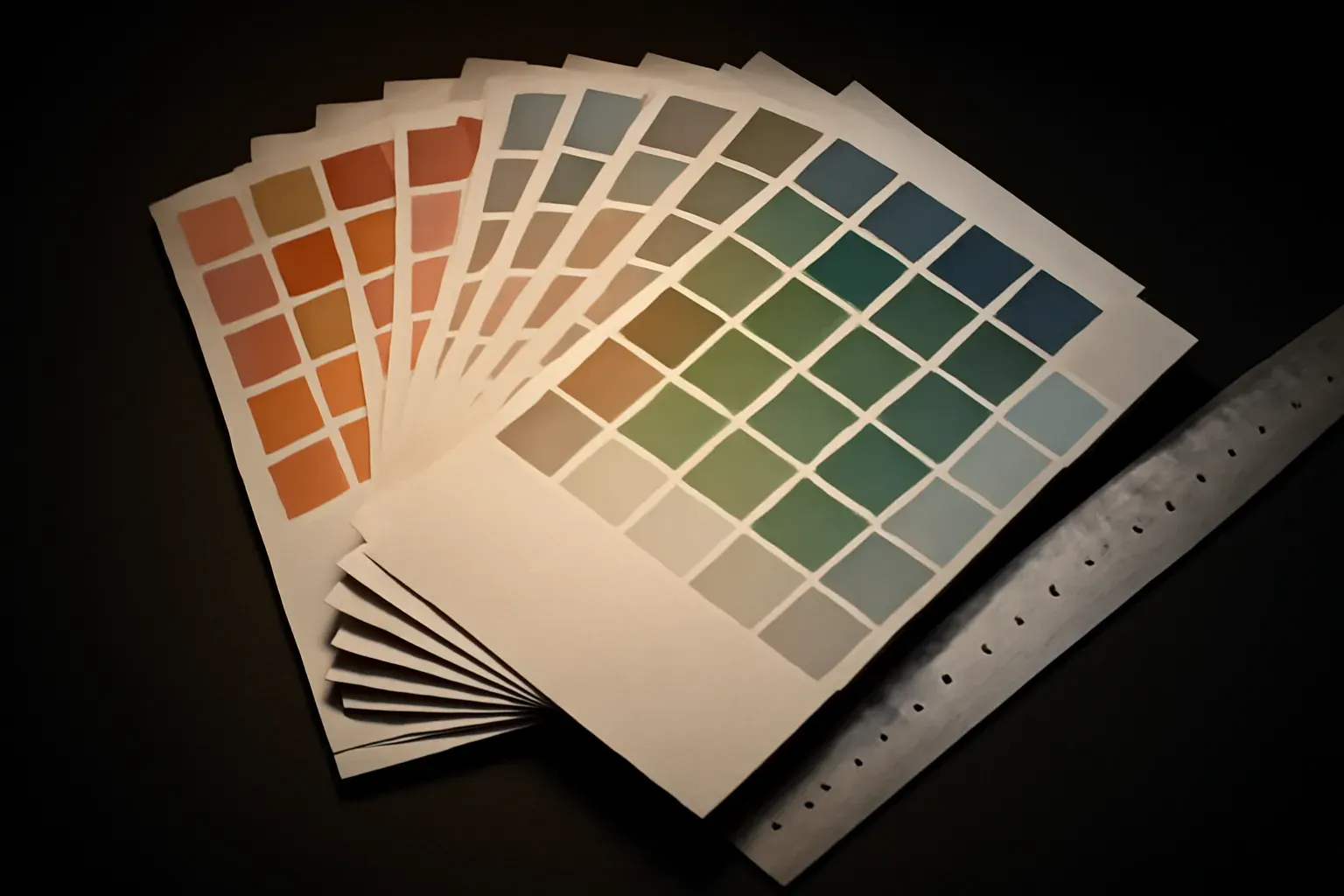 A fanned set of colour-swatch cards in warm and cool tones beside a metal ruler.