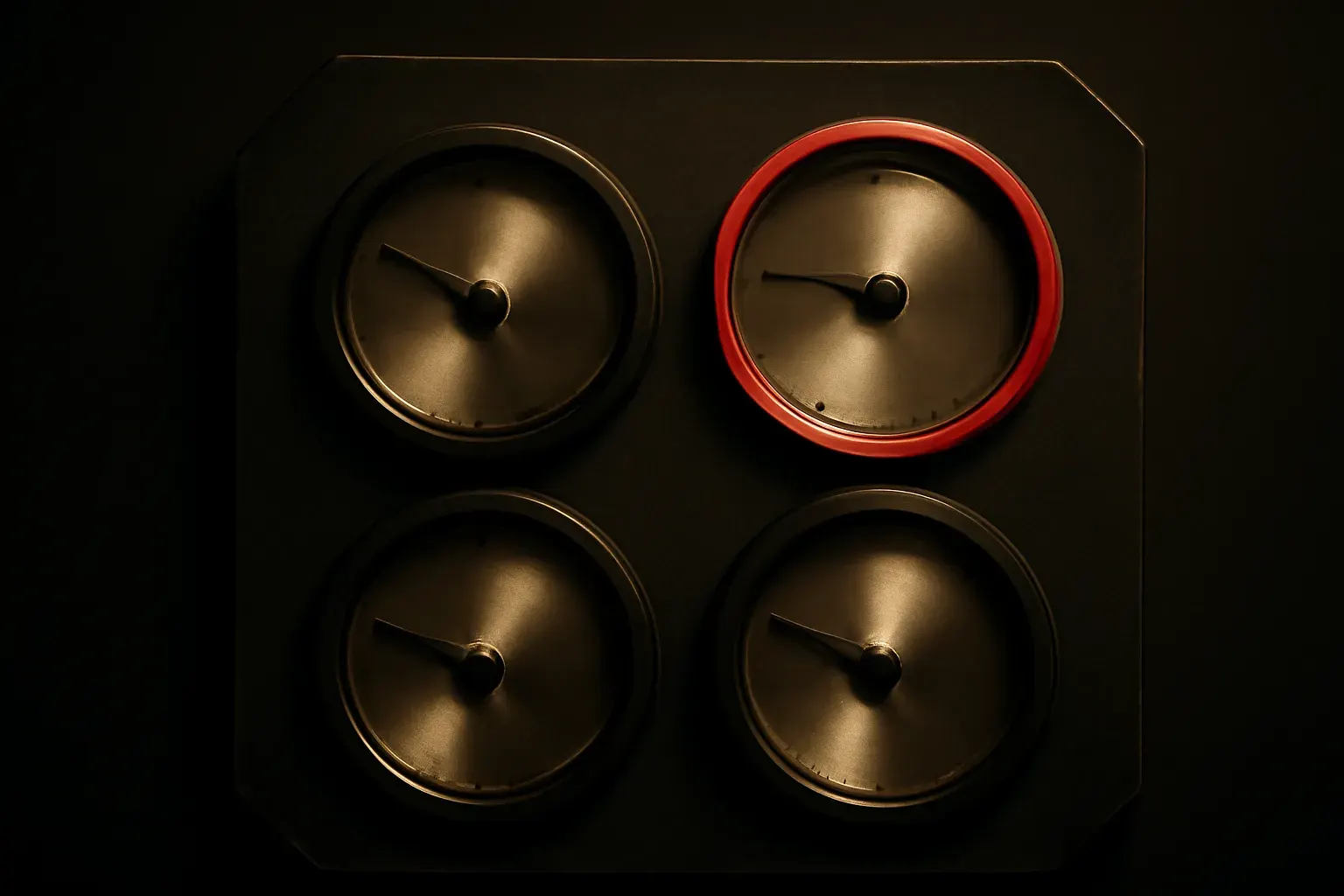 Four clock-style dials on a dark clipped-corner plate, one ringed in orange.