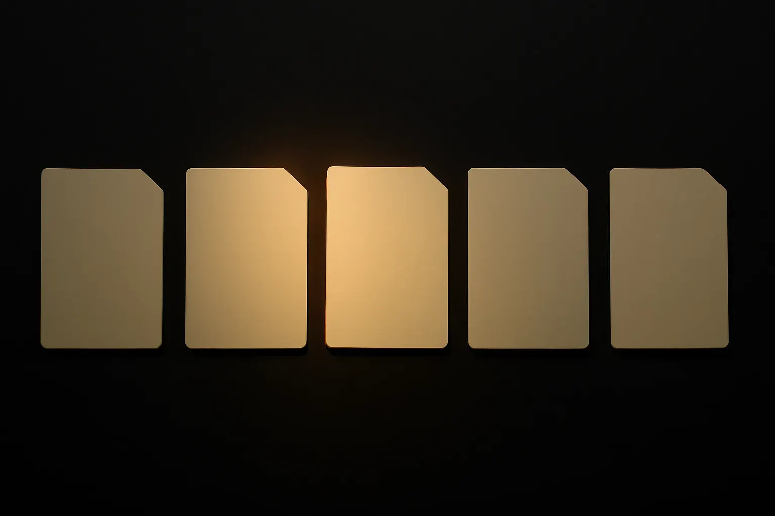 Five blank clipped-corner cards in a row, the centre one lit warmly to stand out from the rest.