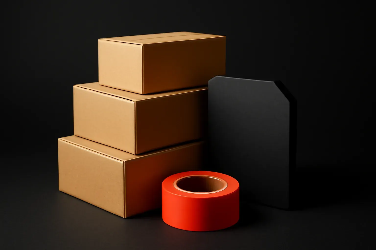 Stacked kraft-paper shipping boxes, a roll of orange tape and a dark clipped-corner plate.