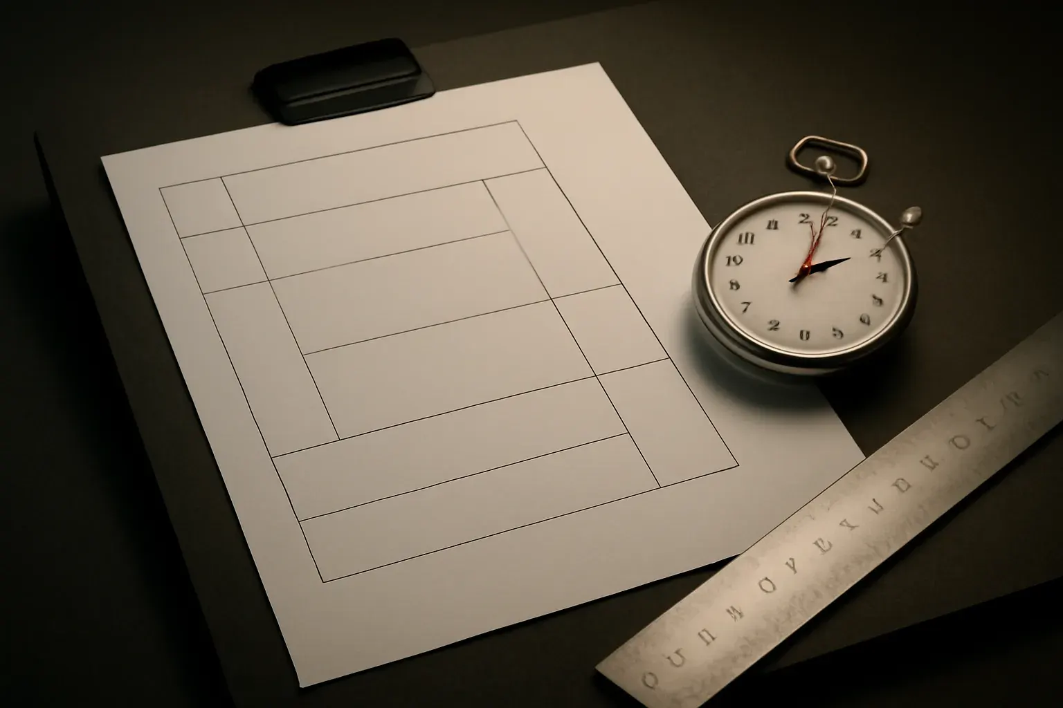 A single ruled grid on paper beside a pocket watch and a metal ruler, evoking a page built to a deadline.