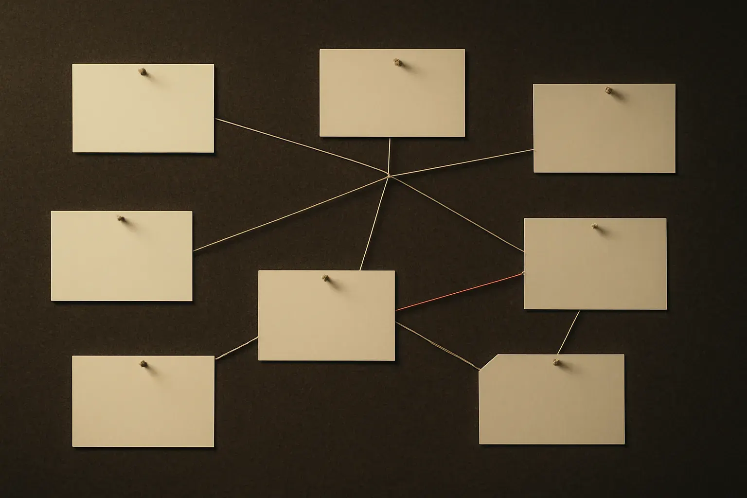 Blank cards pinned to a wall and connected by hand-drawn lines, mapping a flow between them.