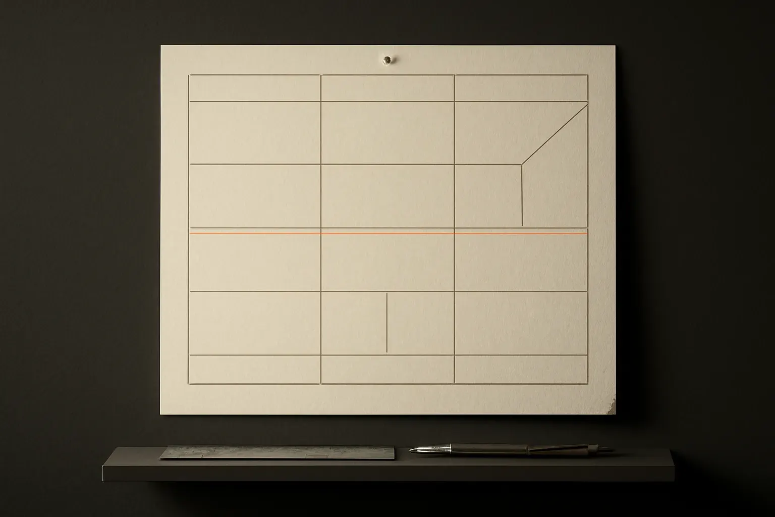 An abstract ruled-grid plate, pinned to a dark wall above a shelf holding a pen, evoking a spec sheet rather than a literal page.