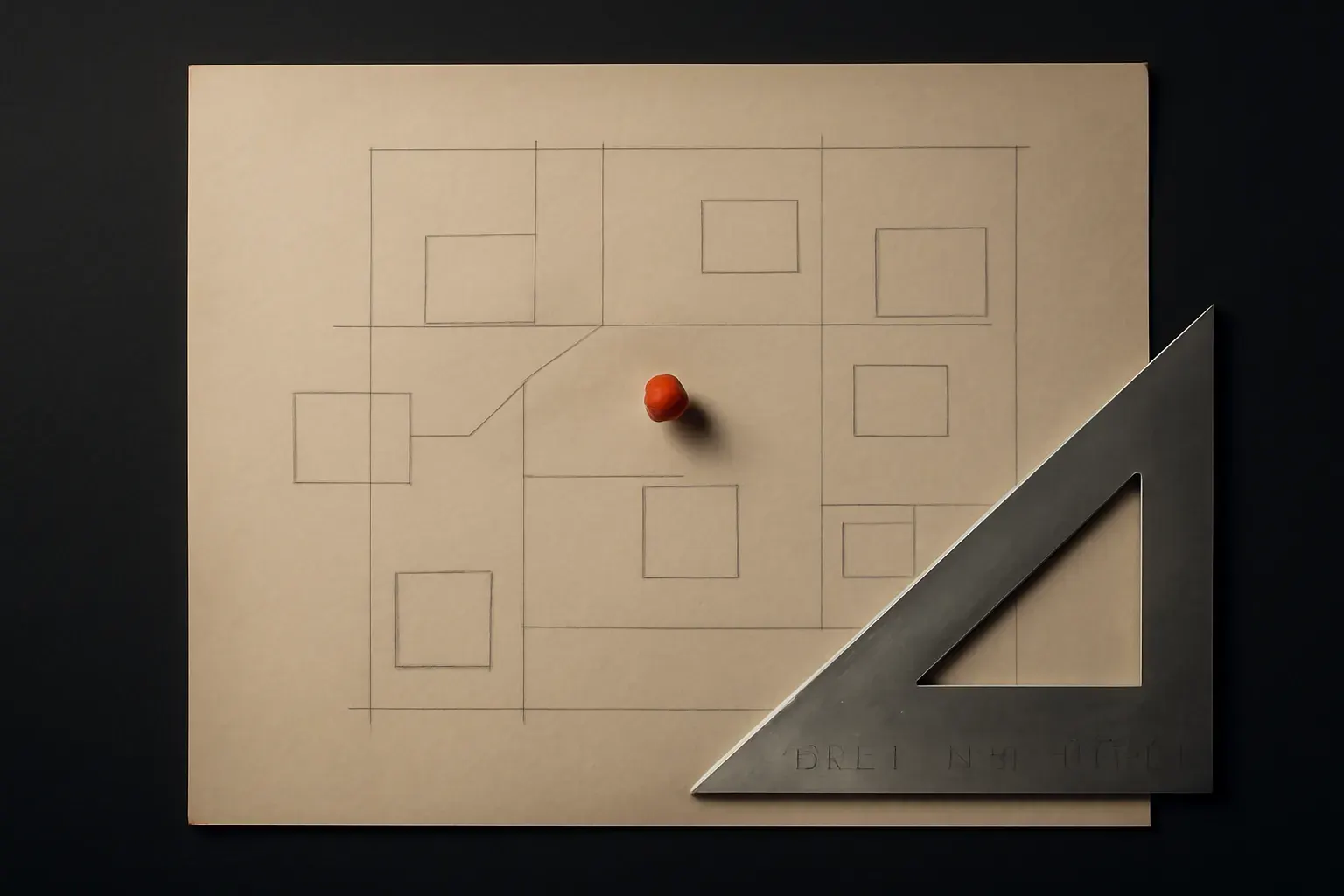 Seven blank cards pinned to a dark wall and connected by hand-drawn lines, one line picked out in red — a mapped-out structure, not a literal screen.