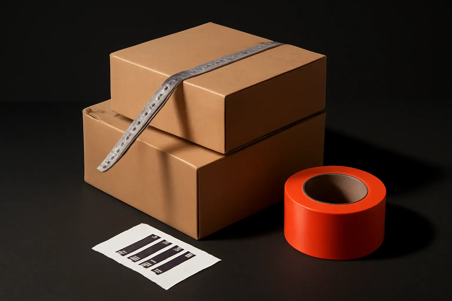 Two stacked kraft-paper boxes bound with tape, a roll of orange tape and a shipping label beside them.