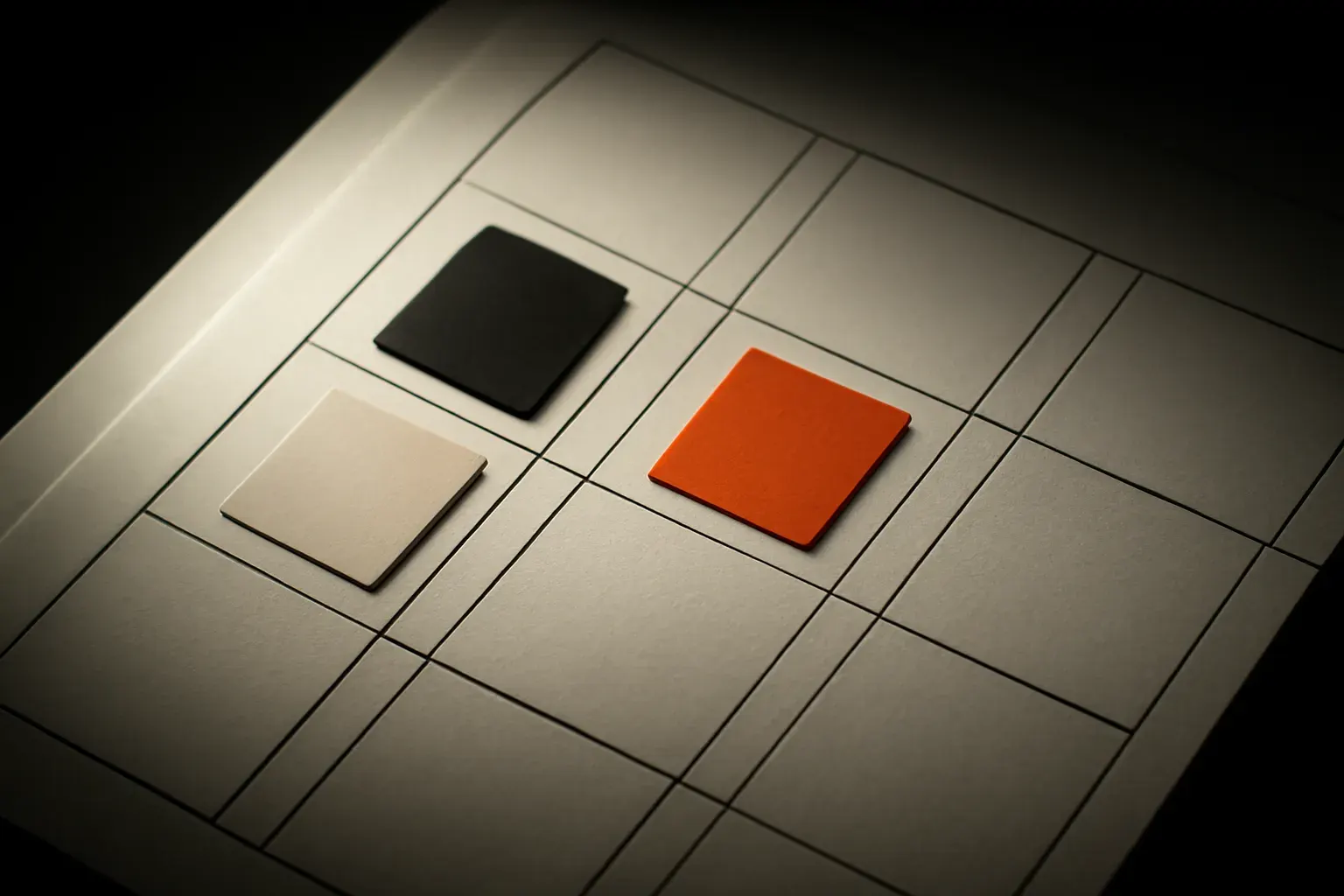 Three colour swatches — black, bone and orange — set on a ruled grid card, photographed at an angle.