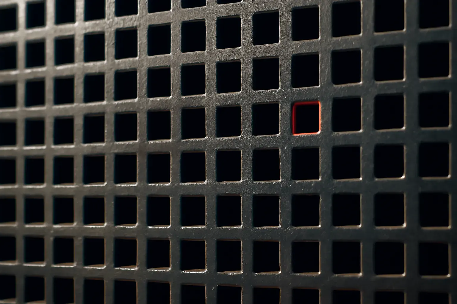 Close crop of a perforated dark metal grid with a single cell outlined in orange-red.